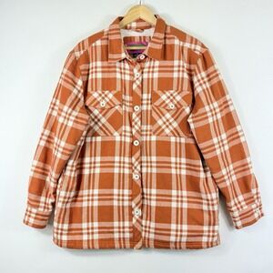 Empyre Shacket Jacket Womens Large Orange White Plaid Fleece‎ Lined Lumberjack